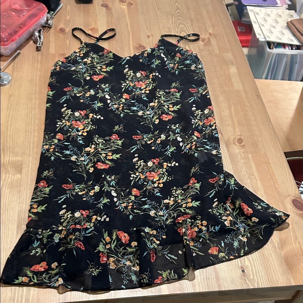 Black Floral Ruffle Hem Slip Dress